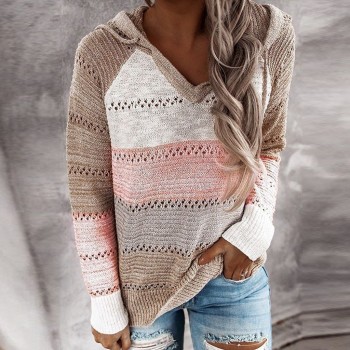 Woman knitted Hoodies Contrast Color Fashion Women Casual Patchwork Long Sleeves Hooded Sweater 